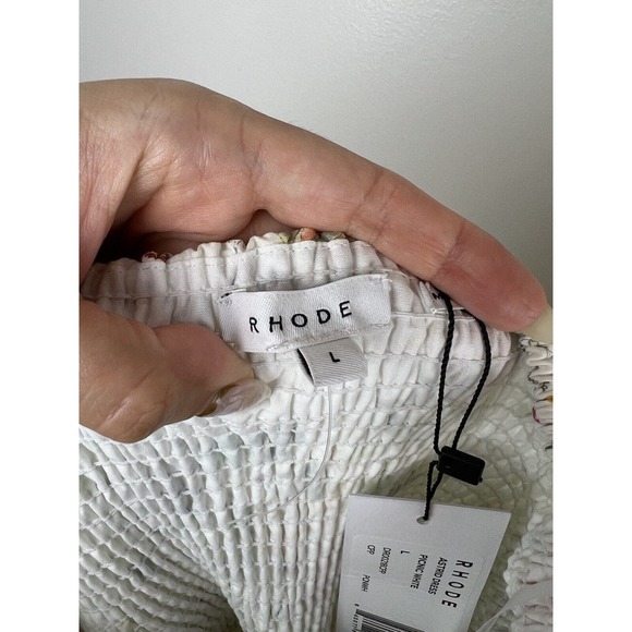 NEW Rhode Astrid Smocked Printed Dress Size L Puff Sleeve Picnic White Pleat - Picture 8 of 12